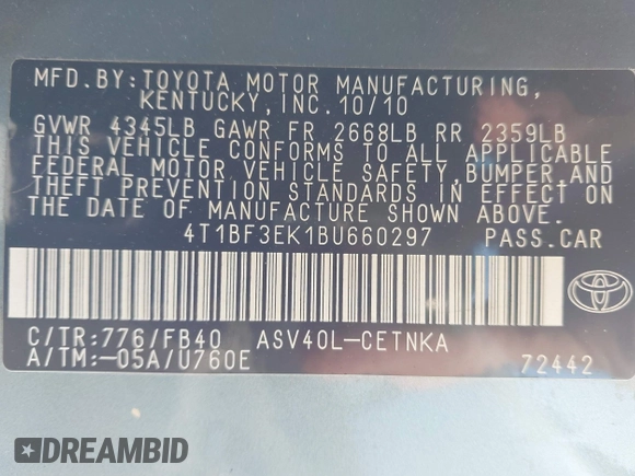 2011 Toyota Camry LE with VIN 4T1BF3EK1BU660297, listed as a IAAI auction lot 42080321 with 81,934 mi miles. Bid and sale history available at carsss.com. Image 9.