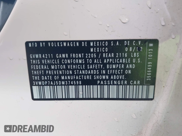 2013 Volkswagen Jetta SE z VIN 3VWDP7AJ5DM374598, wystawiony jako IAAI lot #42498082 z przebiegiem 144 285 mil mil oraz . Historia ofert i sprzedaży dostępna na DreamBid. Obrazek 9.