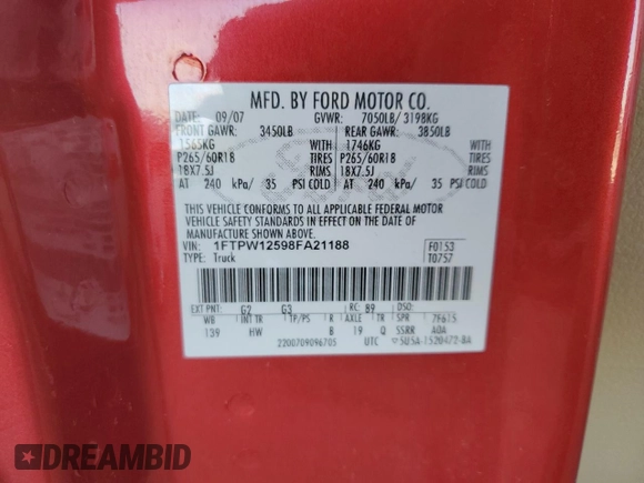 2008 Ford F-150 XLT with VIN 1FTPW12598FA21188, listed as a Copart auction lot 53971565 with 151,522 mi miles and Salvage Title. Bid and sale history available at carsss.com. Image 12.