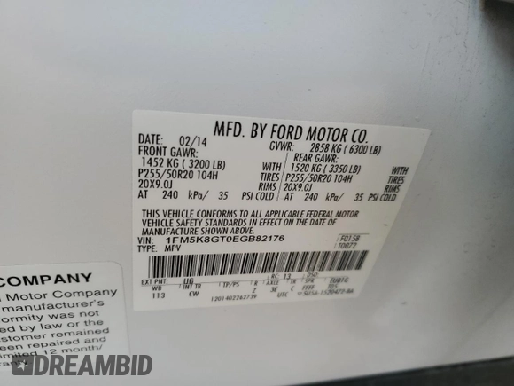 2014 Ford Explorer Sport with VIN 1FM5K8GT0EGB82176, listed as a Copart auction lot 60896715 with 129,576 mi miles and Salvage title. Bid and sale history available at DreamBid. Image 12.