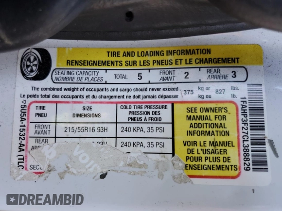 2012 Ford Focus SE with VIN 1FAHP3F27CL388829, listed as a Copart auction lot 55839075 with 227,209 mi miles and Clean Title. Bid and sale history available at DreamBid. Image 12.