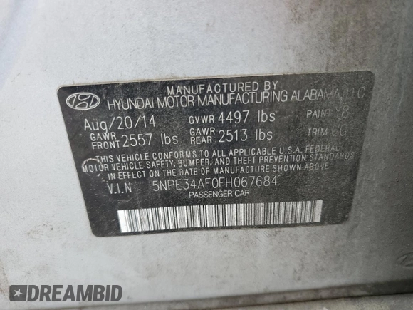 2015 Hyundai Sonata Sport with VIN 5NPE34AF0FH067684, listed as a Copart auction lot 56144395 with 155,780 mi miles and Salvage title. Bid and sale history available at DreamBid. Image 12.