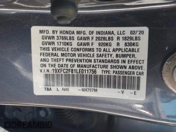 2020 Honda Civic Sedan Sport with VIN 19XFC2F81LE011756, listed as a IAAI auction lot 41667156 with 79,527 mi miles. Bid and sale history available at carsss.com. Image 9.
