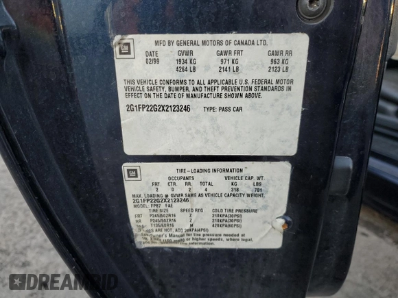1999 Chevrolet Camaro Z28 z VIN 2G1FP22G2X2123246, wystawiony jako Copart lot #42869405 z przebiegiem 126 792 mil mil oraz Szkoda całkowita • Salvage title. Historia ofert i sprzedaży dostępna na DreamBid. Obrazek 15.