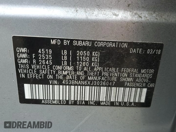 2018 Subaru Legacy Limited with VIN 4S3BNAN6XJ3036047, listed as a Copart auction lot 53315335 with 180,377 mi miles and Salvage title. Bid and sale history available at DreamBid. Image 14.