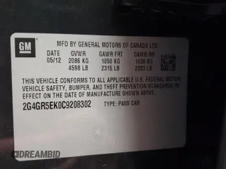2012 Buick Regal with VIN 2G4GR5EK0C9208302, listed as a Copart auction lot 45294495 with 201,083 mi miles and Salvage Title. Bid and sale history available at carsss.com. Image 13.