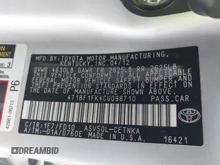 2012 Toyota Camry L with VIN 4T1BF1FK4CU098710, listed as a IAAI auction lot 41945757 with 102,578 mi miles. Bid and sale history available at carsss.com. Image 9.