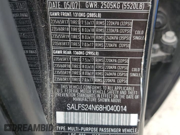 2008 Land Rover LR2 SE with VIN SALFS24N68H040014, listed as a Copart auction lot 55317415 with 128,277 mi miles and Salvage Title. Bid and sale history available at DreamBid. Image 13.