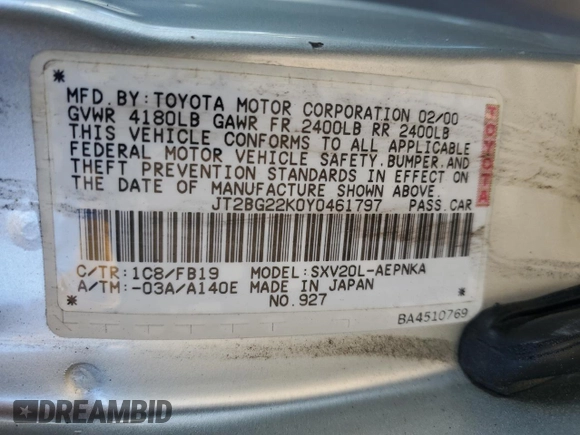 2000 Toyota Camry CE with VIN JT2BG22K0Y0461797, listed as a Copart auction lot 53646765 with 143,315 mi miles and Salvage Title. Bid and sale history available at carsss.com. Image 14.