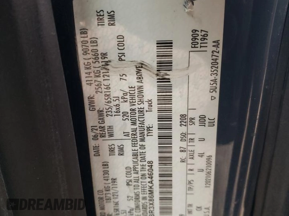 2021 Ford Transit Cargo z VIN 1FTBR3X86MKA46048, wystawiony jako Copart lot #54278795 z przebiegiem 49 593 mil mil oraz Szkoda całkowita • Salvage title. Historia ofert i sprzedaży dostępna na DreamBid. Obrazek 13.