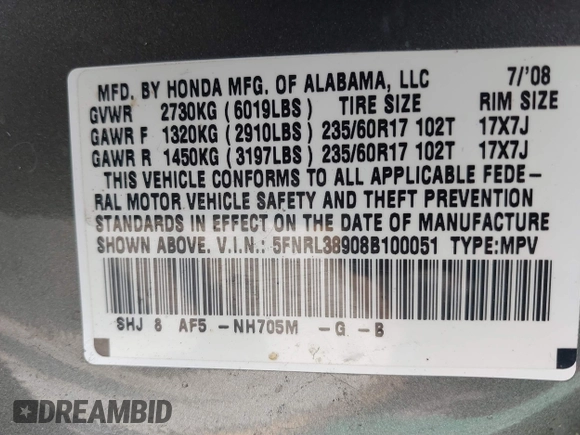 2008 Honda Odyssey Touring with VIN 5FNRL38908B100051, listed as a IAAI auction lot 42110484 with 190,567 mi miles and . Bid and sale history available at DreamBid. Image 9.