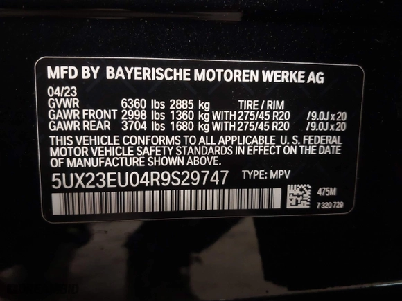 2024 BMW X5 xDrive40i with VIN 5UX23EU04R9S29747, listed as a IAAI auction lot 40980465 with 8,183 mi miles. Bid and sale history available at carsss.com. Image 9.