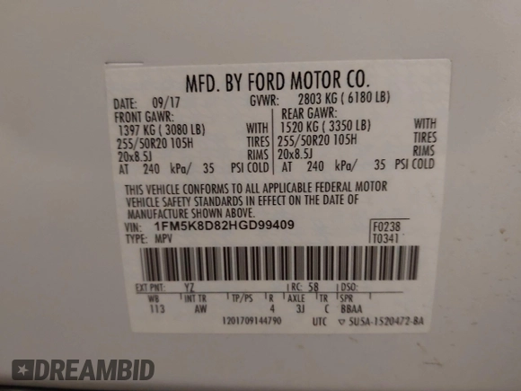 2017 Ford Explorer XLT с VIN 1FM5K8D82HGD99409, выставлен на аукционе IAAI как лот 41843212 с пробегом 150 095 миль миль и . История ставок и продаж доступна на DreamBid. Изображение 9.