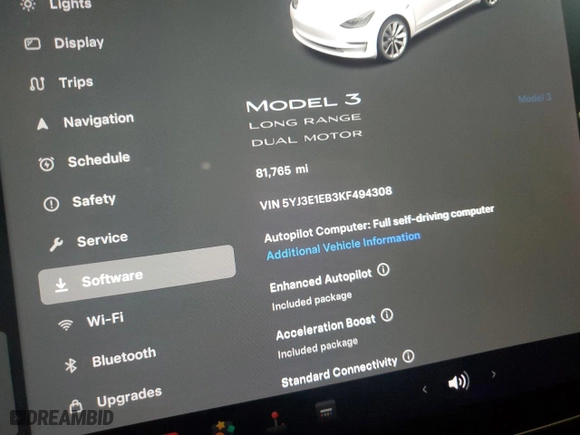 2019 Tesla Model 3 Long Range with VIN 5YJ3E1EB3KF494308, listed as a Copart auction lot 47875255 with 81,765 mi miles and Salvage Title. Bid and sale history available at carsss.com. Image 9.