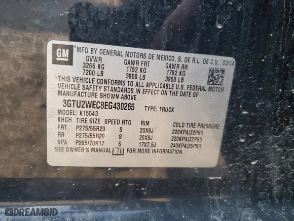 2014 GMC Sierra 1500 Denali with VIN 3GTU2WEC8EG430265, listed as a Copart auction lot 48785675 with 179,818 mi miles and Salvage Title. Bid and sale history available at carsss.com. Image 12.