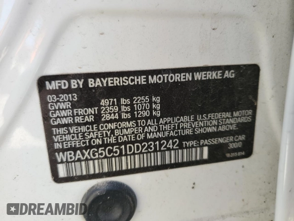 2013 BMW 5 Series 528i with VIN WBAXG5C51DD231242, listed as a Copart auction lot 48218565 with 107,166 mi miles and Salvage Title. Bid and sale history available at carsss.com. Image 12.