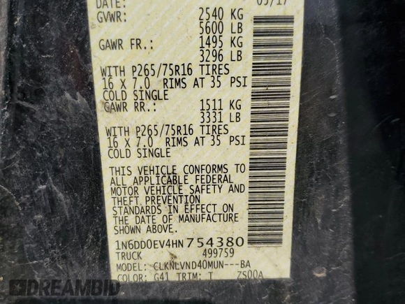 2017 Nissan Frontier Pro-4X with VIN 1N6DD0EV4HN754380, listed as a Copart auction lot 58810955 with 95,325 mi miles and Salvage title. Bid and sale history available at DreamBid. Image 12.