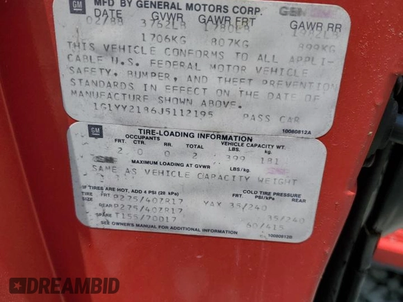 1988 Chevrolet Corvette z VIN 1G1YY2186J5112195, wystawiony jako Copart lot #55990205 z przebiegiem Nie podano mil oraz Szkoda całkowita • Salvage title. Historia ofert i sprzedaży dostępna na DreamBid. Obrazek 12.