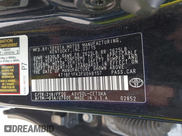 2015 Toyota Camry XLE with VIN 4T1BF1FK3FU048157, listed as a IAAI auction lot 42251122 with 157,714 mi miles and . Bid and sale history available at DreamBid. Image 9.