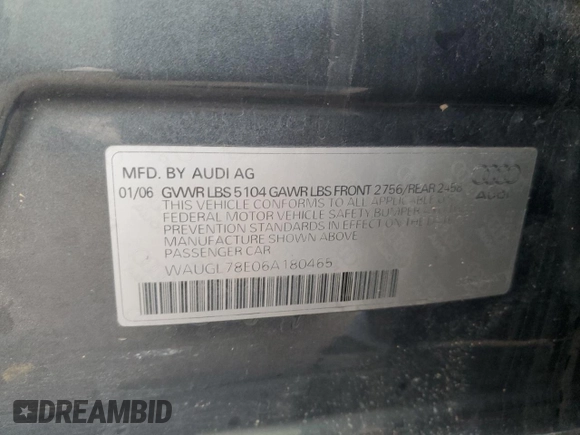 2006 Audi S4 z VIN WAUGL78E06A180465, wystawiony jako Copart lot #86001884 z przebiegiem 180 609 mil mil oraz Szkody całkowita. Historia ofert i sprzedaży dostępna na DreamBid. Obrazek 13.