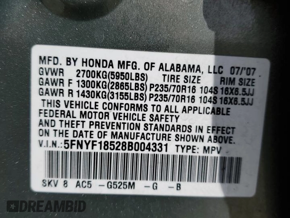 2008 Honda Pilot EX-L with VIN 5FNYF18528B004331, listed as a Copart auction lot 53324835 with 201,040 mi miles and Salvage Title. Bid and sale history available at carsss.com. Image 13.