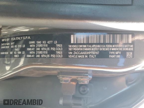 2017 Jeep Renegade Sport z VIN ZACCJAAB3HPF50167, wystawiony jako Copart lot #49672845 z przebiegiem 105 216 mil mil oraz Szkoda całkowita • Salvage title. Historia ofert i sprzedaży dostępna na DreamBid. Obrazek 13.