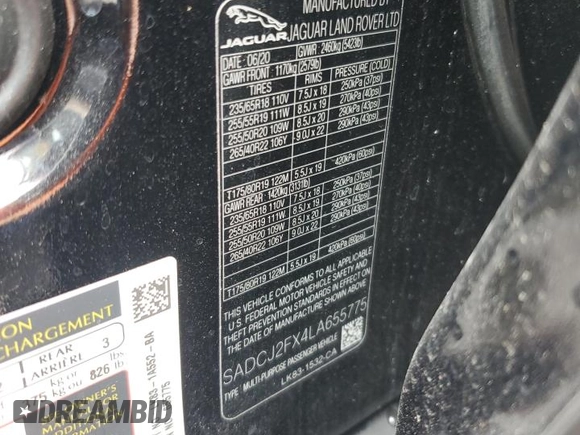 2020 Jaguar F-Pace 25t Premium z VIN SADCJ2FX4LA655775, wystawiony jako Copart lot #57809355 z przebiegiem 51 522 mil mil oraz Szkoda całkowita • Salvage title. Historia ofert i sprzedaży dostępna na DreamBid. Obrazek 14.