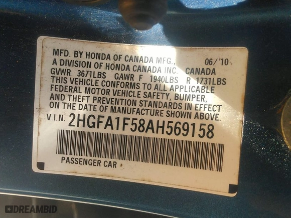 2010 Honda Civic Sdn LX with VIN 2HGFA1F58AH569158, listed as a IAAI auction lot 41823117 with 220,511 mi miles. Bid and sale history available at carsss.com. Image 9.