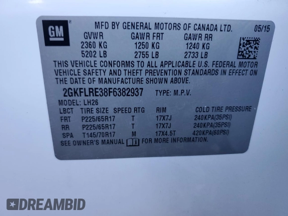 2015 GMC Terrain SLE with VIN 2GKFLRE38F6382937, listed as a Copart auction lot 86782504 with 73,691 mi miles and Salvage Title. Bid and sale history available at DreamBid. Image 15.