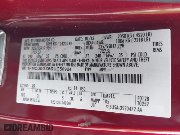 2013 Ford Escape SE with VIN 1FMCU0GX6DUC50924, listed as a IAAI auction lot 41673513 with 127,250 mi miles and . Bid and sale history available at DreamBid. Image 9.