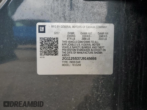 2018 Chevrolet Impala Premier with VIN 2G1125S37J9145698, listed as a Copart auction lot 52649785 with 104,372 mi miles and Salvage Title. Bid and sale history available at DreamBid. Image 14.