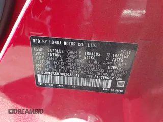 2016 Honda Fit EX with VIN JHMGK5H70GX038643, listed as a IAAI auction lot 42619424 with 39,626 mi miles and . Bid and sale history available at DreamBid. Image 9.