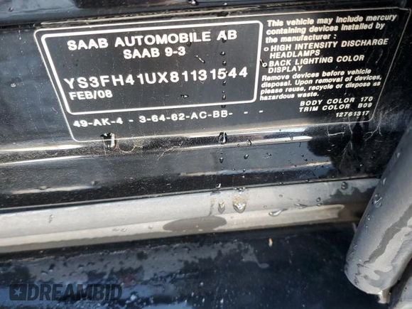 2008 Saab 9-3 Aero z VIN YS3FH41UX81131544, wystawiony jako Copart lot #86124784 z przebiegiem 153 668 mil mil oraz Szkoda całkowita • Salvage title. Historia ofert i sprzedaży dostępna na DreamBid. Obrazek 12.