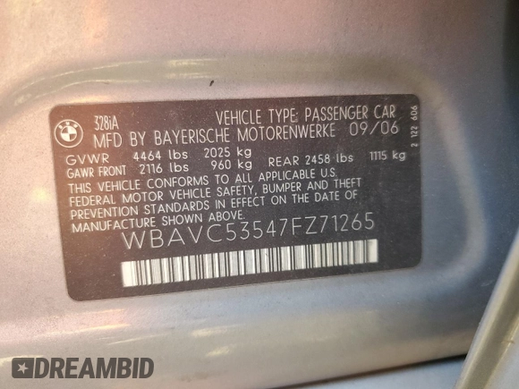 2007 BMW 3 Series 328i with VIN WBAVC53547FZ71265, listed as a Copart auction lot 54000075 with 130,559 mi miles and Salvage title. Bid and sale history available at DreamBid. Image 12.