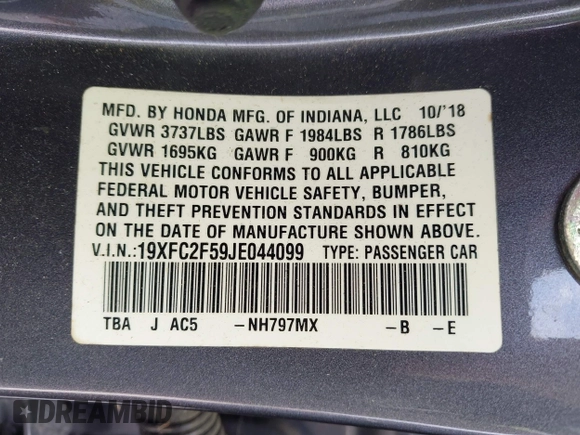 2018 Honda Civic Sedan LX with VIN 19XFC2F59JE044099, listed as a IAAI auction lot 41719337 with 44,534 mi miles. Bid and sale history available at carsss.com. Image 9.