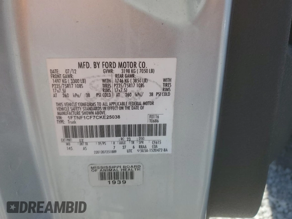2012 Ford F-150 XL with VIN 1FTNF1CF7CKE25038, listed as a Copart auction lot 48406055 with Not provided miles and Salvage title. Bid and sale history available at DreamBid. Image 12.