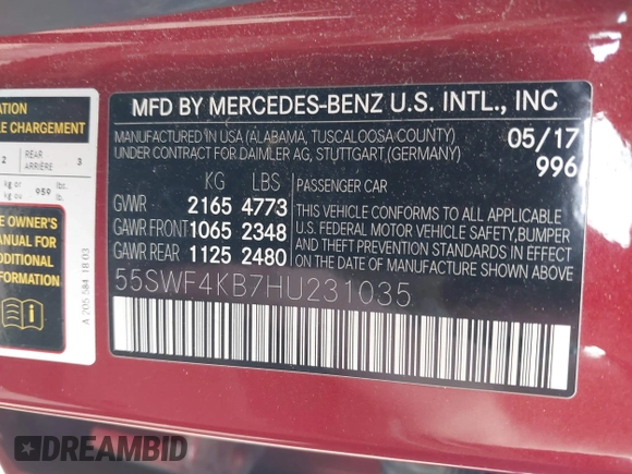 2017 Mercedes-Benz C 300 with VIN 55SWF4KB7HU231035, listed as a IAAI auction lot 42057097 with 58,123 mi miles and . Bid and sale history available at DreamBid. Image 9.