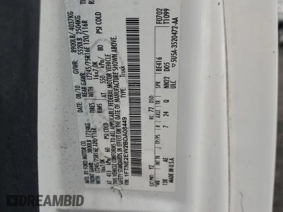 2011 Ford Econoline Cargo Commercial with VIN 1FTNE2EW2BDA08449, listed as a Copart auction lot 56239175 with 249,787 mi miles and Salvage Title. Bid and sale history available at DreamBid. Image 12.