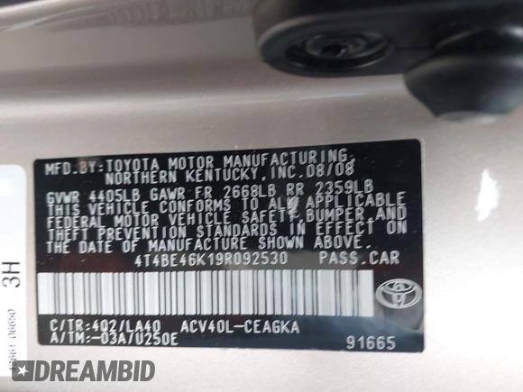 2009 Toyota Camry with VIN 4T4BE46K19R092530, listed as a IAAI auction lot 42051158 with 135,875 mi miles. Bid and sale history available at carsss.com. Image 9.