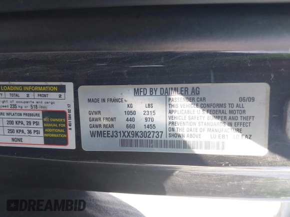 2009 Smart fortwo Pure with VIN WMEEJ31XX9K302737, listed as a IAAI auction lot 42124550 with 43,610 mi miles and . Bid and sale history available at DreamBid. Image 9.