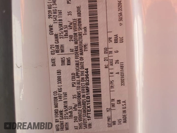 2021 Ford F-150 XL with VIN 1FTEX1EB1MFB29644, listed as a Copart auction lot 59205045 with 65,795 mi miles and Salvage title. Bid and sale history available at DreamBid. Image 12.