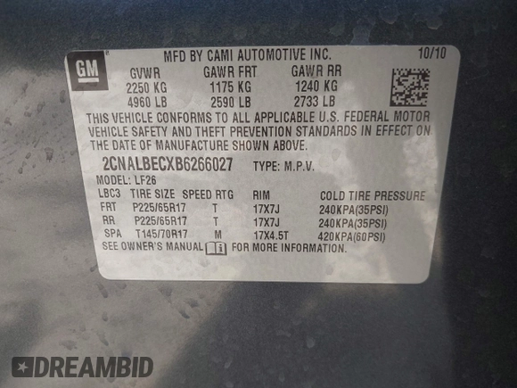 2011 Chevrolet Equinox LS with VIN 2CNALBECXB6266027, listed as a IAAI auction lot 41969020 with 111,785 mi miles and . Bid and sale history available at DreamBid. Image 9.