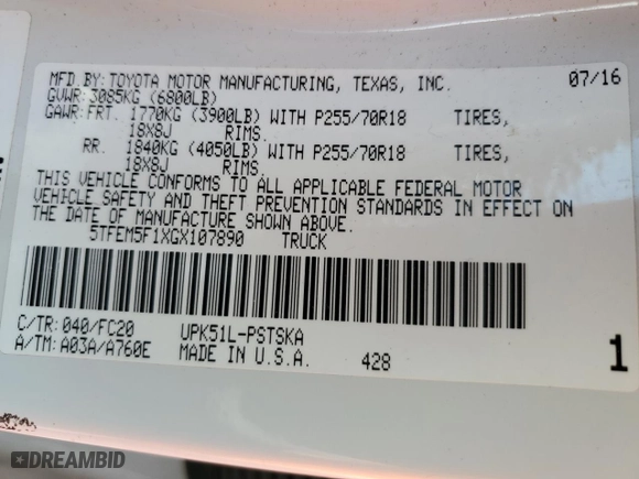 2016 Toyota Tundra 2WD Truck SR5 with VIN 5TFEM5F1XGX107890, listed as a Copart auction lot 73167104 with 123,887 mi miles and Salvage Title. Bid and sale history available at carsss.com. Image 14.