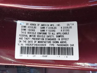 2014 Honda Accord LX with VIN 1HGCR2F34EA308629, listed as a IAAI auction lot 41976263 with 74,329 mi miles and . Bid and sale history available at carsss.com. Image 9.