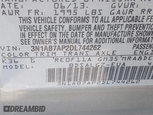 2013 Nissan Sentra FE+ S with VIN 3N1AB7AP2DL744262, listed as a IAAI auction lot 42021239 with 113,126 mi miles and . Bid and sale history available at DreamBid. Image 9.