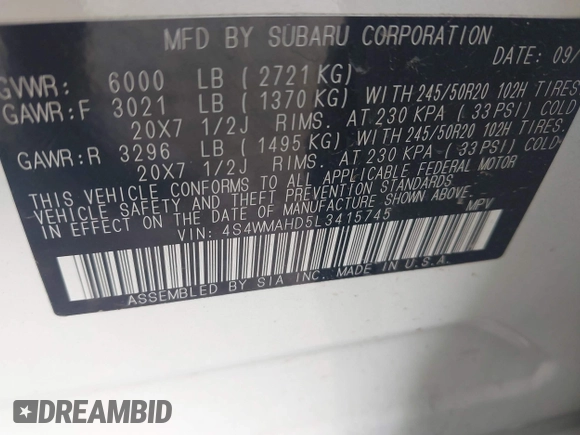 2020 Subaru Ascent Premium with VIN 4S4WMAHD5L3415745, listed as a IAAI auction lot 42095393 with 84,918 mi miles and . Bid and sale history available at DreamBid. Image 9.