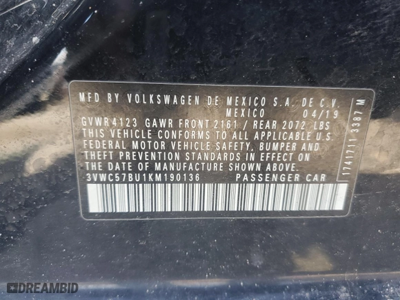 2019 Volkswagen Jetta S with VIN 3VWC57BU1KM190136, listed as a Copart auction lot 47593535 with 98,635 mi miles and Salvage Title. Bid and sale history available at carsss.com. Image 12.