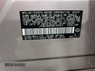 2008 Lexus ES with VIN JTHBJ46G082169452, listed as a Copart auction lot 60909264 with 159,519 mi miles and Salvage Title. Bid and sale history available at carsss.com. Image 12.