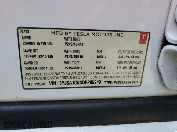 2013 Tesla Model S с VIN 5YJSA1CN3DFP05949, выставлен на аукционе Copart как лот 61244825 с пробегом 174 022 миль миль и Списание • Salvage title. История ставок и продаж доступна на DreamBid. Изображение 14.