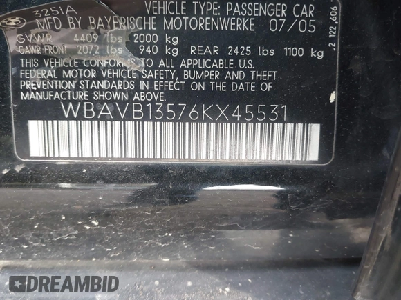 2006 BMW 3 Series 325i with VIN WBAVB13576KX45531, listed as a IAAI auction lot 41941014 with Not Provided miles and . Bid and sale history available at carsss.com. Image 9.